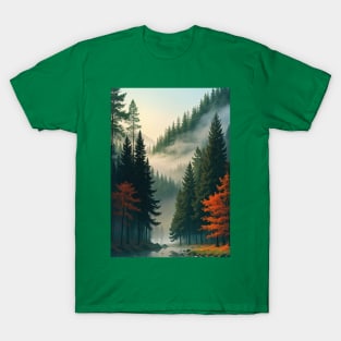 Misty PNW Woods with Pine Trees T-Shirt